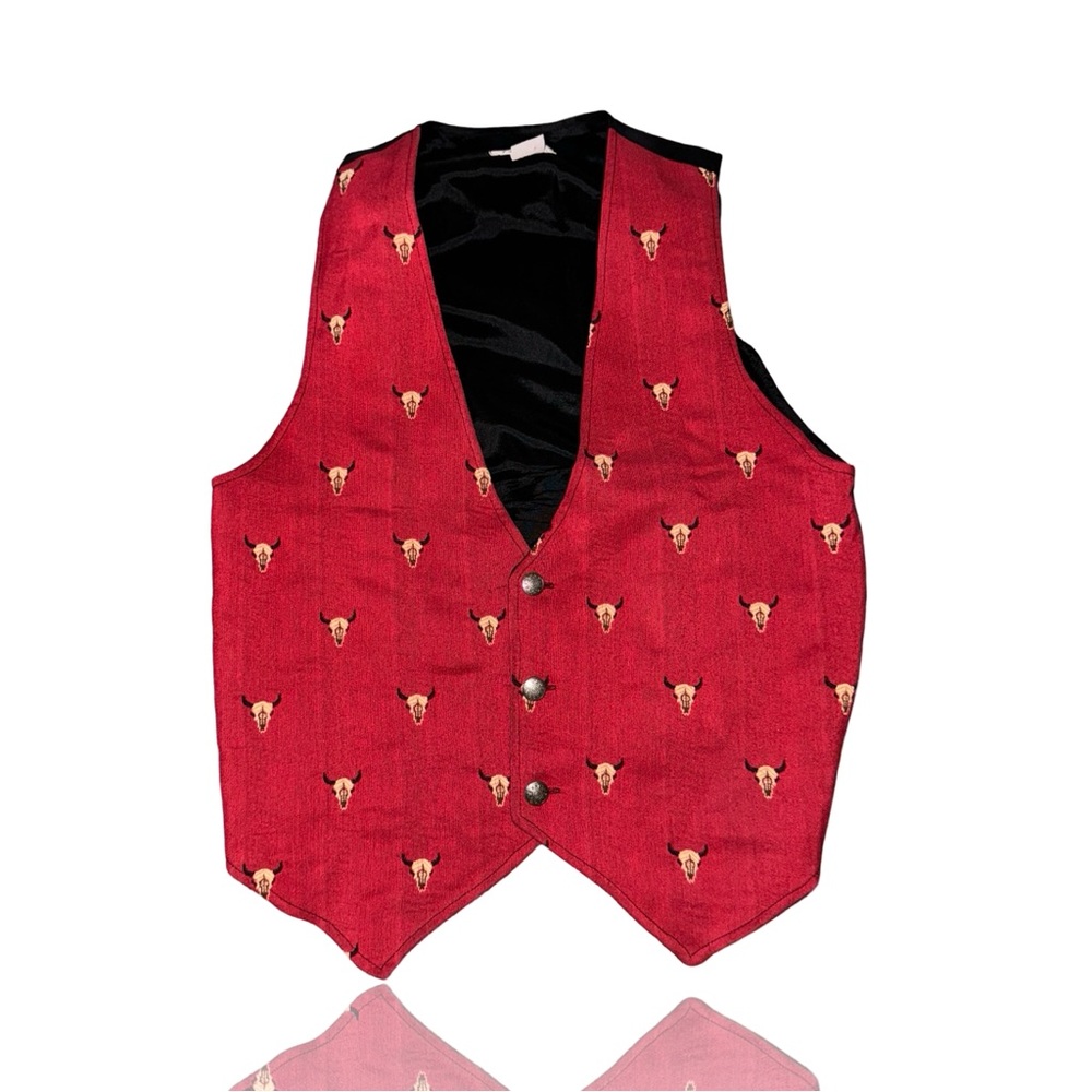 Vintage 80’s Western Vest by Cockney Rebel: Longhorn Skulls on Red: Ladies XL